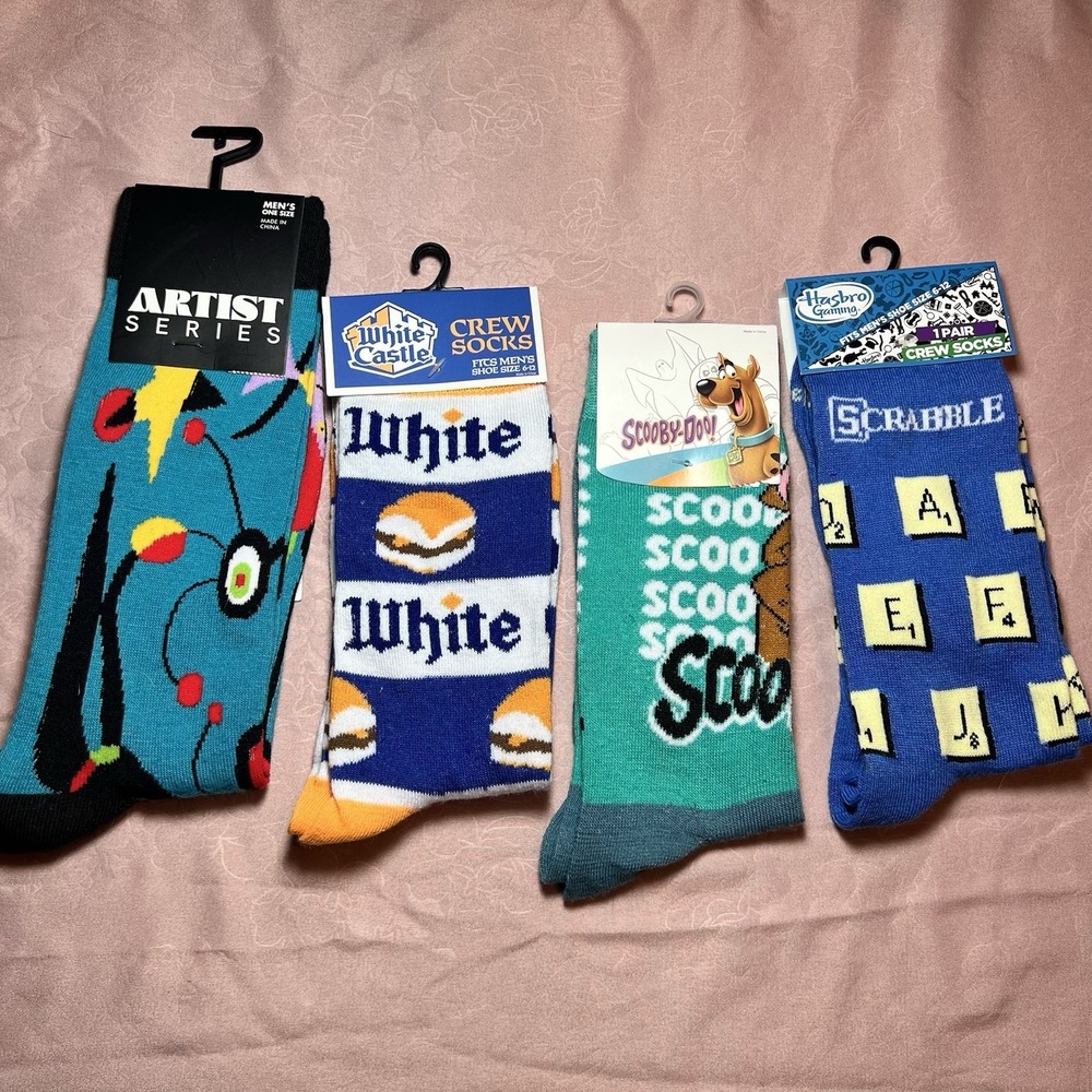Lot‎ Of 4 Novelty Unisex Crew Socks White Castle Scooby Doo Scrabble Size 6-12